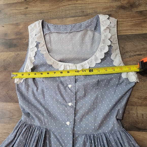 Vintage Handmade Blue & White Heart Detailing Embroidered Midi Dress Size Medium - Picture 6 of 9
